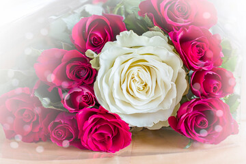 Beautiful bouquet of une white and pink roses on table close-up