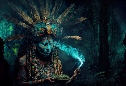 Illustration, fantasy shaman leading a holy ayahuasca ceremony, illustrated ayahuasca trip with mature male shaman, beautiful, shamanic, spirituality, beliefs, shaman, illustration, generative ai