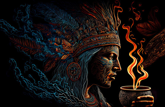 Illustration, fantasy shaman leading a holy ayahuasca ceremony, illustrated ayahuasca trip with mature male shaman, beautiful, shamanic, spirituality, beliefs, shaman, illustration, generative ai