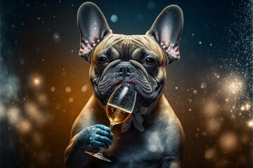 Obraz na płótnie Canvas French Bulldog with champagne on New Year's Eve party, sparkling lights in the background