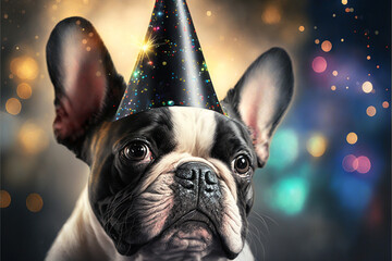 French Bulldog with party hat on New Year's Eve party, sparkling lights in the background