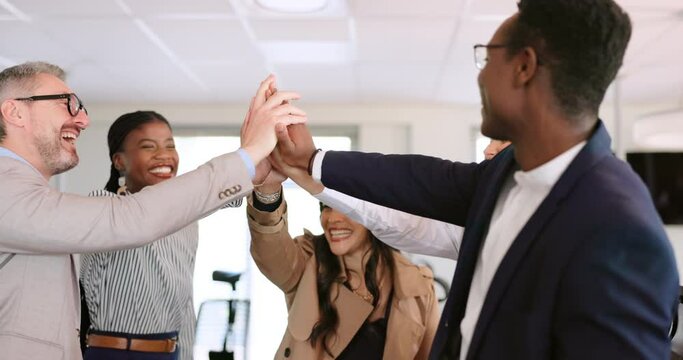 Business people, high five and team celebration together in office for collaboration support, team building and goals target. Teamwork success, happy employees and hands to celebrate mission