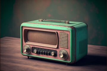 Fototapeta premium Vintage radio on a painted wall background.