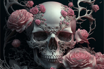 Abstract, surreal, elegant skull with pink roses.Digital art