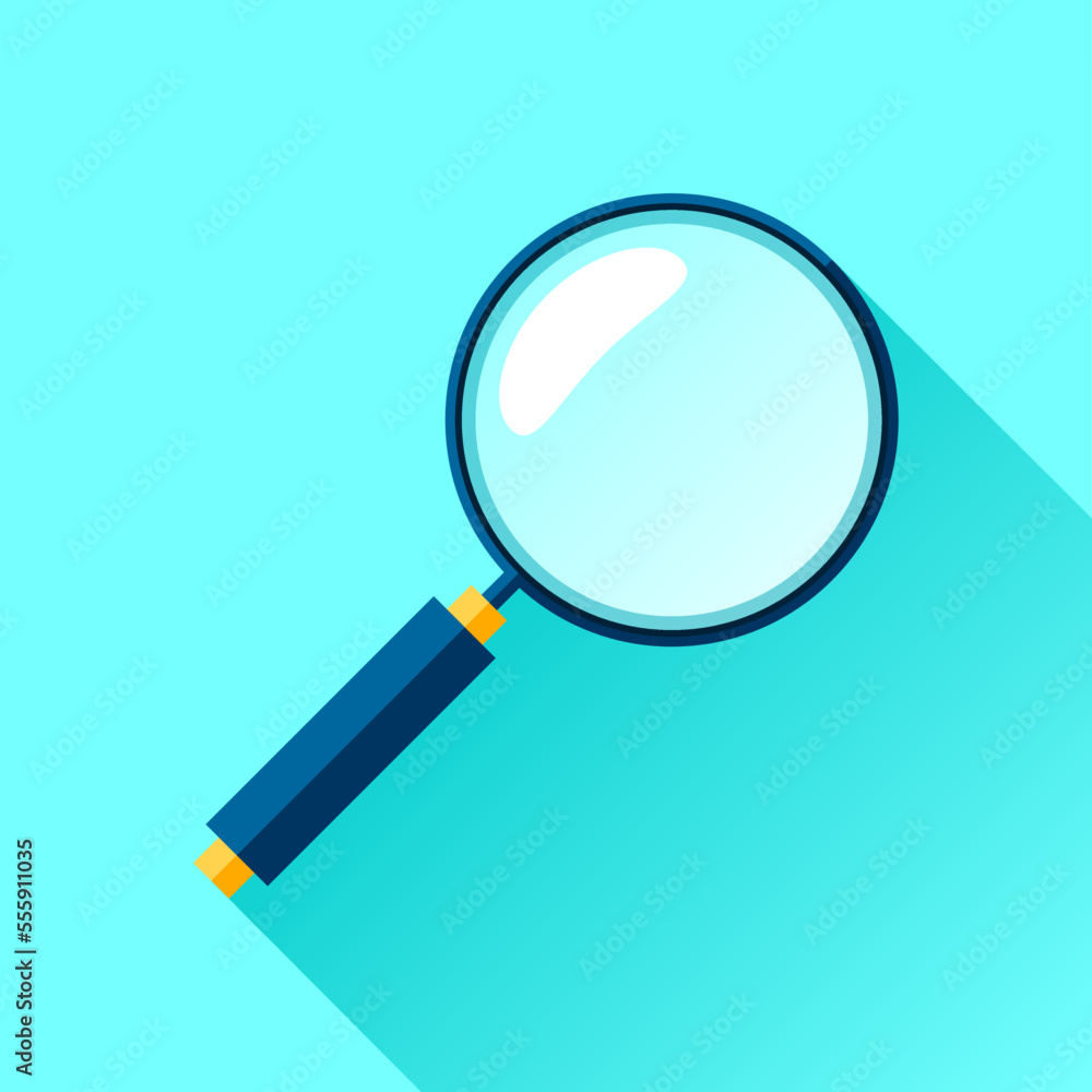 Poster search loupe icon in flat style, magnifying glass on color background. zoom tool. magnifier. vector 