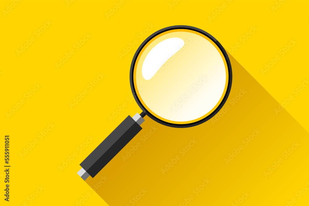 Poster search loupe icon in flat style, magnifying glass on yellow background. zoom tool. black magnifier. 