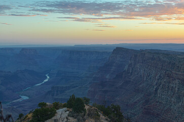 Temple Butte, Chuar Butte and Colorado river at sunrise from Desert View Point on the South Rim of the Grand Canyon within Grand Canyon National Park  (Arizona, United States)