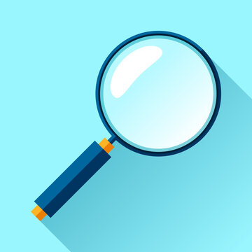 Search loupe icon in flat style, magnifying glass on color background. Zoom tool. Magnifier. Vector design object for you project 
