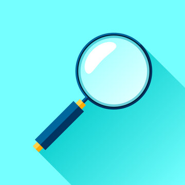Search loupe icon in flat style, magnifying glass on color background. Zoom tool. Magnifier. Vector design object for you project 