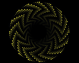 Abstract yellow lines in spiral form. Geometric art. Design element. Digital image with a psychedelic stripes.Halftone dots in vortex form