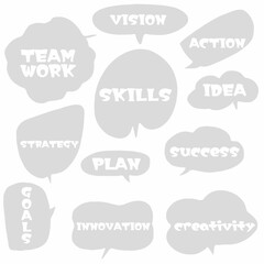 set hand drawn doodle speech bubbles of VISION, ACTION, TEAM WORK, STRATEGY, SKILLS, IDEA, Success, PLAN, INNOVATION, creativity, GOALS. business, finance. vector design illustration