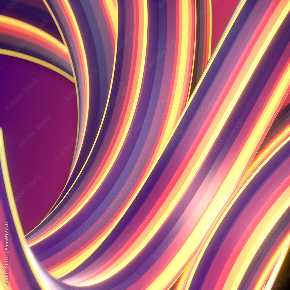 Poster Wavy background of twisted geometric shapes with colorful stripes. 3d rendering digital illustration