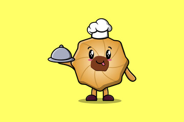 Cute Cartoon chef Cookies mascot character serving food on tray cute style design illustration