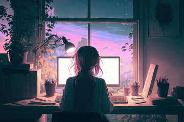 Naklejka premium Beautiful young woman working at her desk at night. Very chill and cozy home. Sitting at the computer. Cute manga anime drawing of young girl. Beautiful atmospheric light. Chill relaxing lofi space.