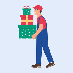 Delivery man bringing holiday packages. Christmas delivery concept. Vector illustration