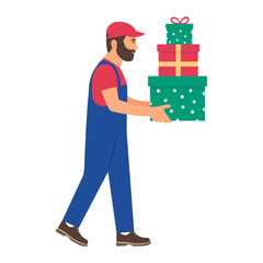 Courier holding a pile of presents in the boxes. Christmas delivery concept. Vector illustration