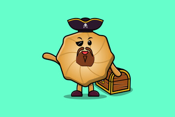 Cute cartoon character Cookies pirate with treasure box illustration in modern style design