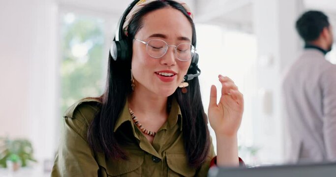 Asian business woman, laptop or call center in coworking office, telemarketing company or b2b sales startup. Smile, happy or talking receptionist on technology headset in customer support help or crm