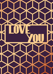 Geometric Love You card. Elegant brochure, greeting card, background, cover. Black and golden marble texture. Geometric frame. Paper cut style design, vector illustration
