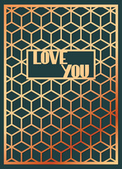 Geometric Love You card. Elegant brochure, greeting card, background, cover. Black and golden marble texture. Geometric frame. Paper cut style design, vector illustration