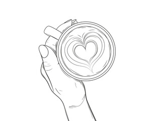 Cup of coffee and hand. Latte art - heart on foam. Illustration on transparent background