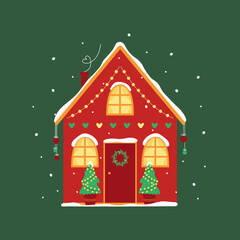 Christmas house decorated with a garland, a wreath and balls with Christmas trees under a snowfall on a green background. New year, xmas celebration. Vector flat illustration for greeting card, poster