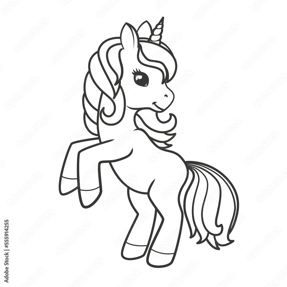 Wall mural Cute unicorn isolated on white background. Coloring book page. Illustration on transparent background