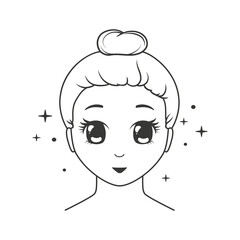 Kawaii smiling girl with sparkles around her face. Black and white Illustration on transparent background