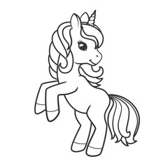 Cute unicorn isolated on white background. Coloring book page. Illustration on transparent background