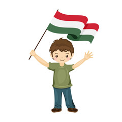 Boy with the flag of Hungary, a beautiful little child holds the flag of Hungary in his hand in flat style. vector illustration
