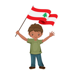 Boy with the flag of Lebanon, a beautiful little child holds the flag of Lebanon in his hand in flat style. vector illustration
