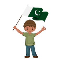 Boy with the flag of Pakistan, a beautiful little child holds the flag of Pakistan in his hand in flat style. vector illustration