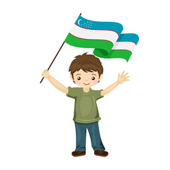 Boy with the flag of Uzbekistan, a beautiful little child holds the flag of Uzbekistan in his hand in flat style. vector illustration