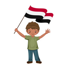 Boy with the flag of Yemen, a beautiful little child holds the flag of Yemen in his hand in flat style. vector illustration
