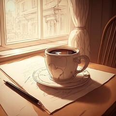 A cup of coffee on a table by the window, AI Generated illustration.