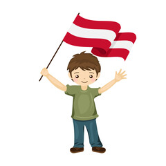 Boy with the flag of Austria, a beautiful little child holds the flag of Austria in his hand in flat style. vector illustration