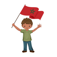 Boy with the flag of Morocco, a beautiful little child holds the flag of Morocco in his hand in flat style. vector illustration