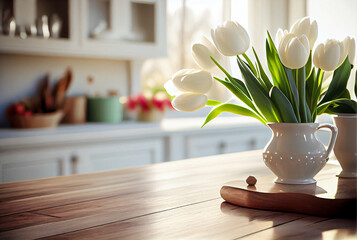 A vase of white tulips on a wooden table in an Italian-style kitchen full of sunshine. Bright kitchen interior background.
