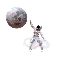 Astronaut sitting on a cloud touches the Moon with his hand, transparent background - 555915820