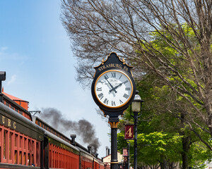Nice clock in Historic Strasburg Rail Road Station,steam train, railway passenger car, PA USA - obrazy, fototapety, plakaty