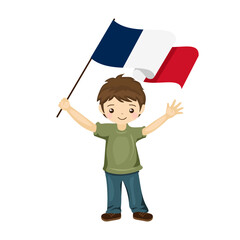 Boy with the flag of France, a beautiful little child holds the flag of France in his hand in flat style. vector illustration