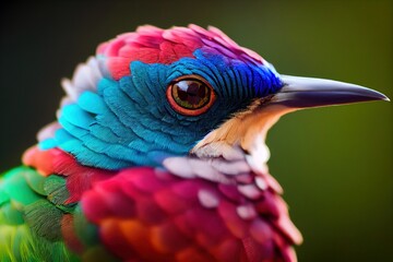 close up of a colourful bird with green background, generative ai