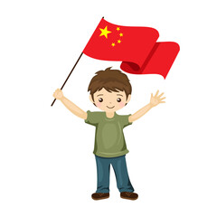 Boy with the flag of China, a beautiful little child holds the flag of China in his hand in flat style. vector illustration