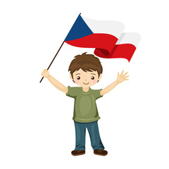 Boy with the flag of Czech Republic, a beautiful little child holds the flag of Czech Republic in his hand in flat style. vector illustration