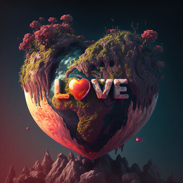 An abstract illustration of planet earth becoming whole in the shape of a heart during Valentine's Day. The whole world celebrates love and sends it into the cosmos. Generative AI.