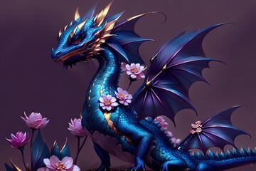 cute little dragon flowers, blue black pink, gold, diamonds © Faisal