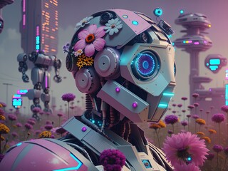 robot covered in pink flowers

