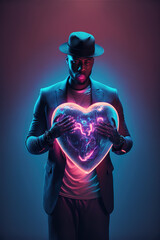 A dark love concept of a man giving a huge frame in the shape of a neon heart. Futuristic, modern creative illustration. Minimal cyber neon wallpaper. Generative AI.