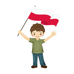 Boy with the flag of Poland, a beautiful little child holds the flag of Poland in his hand in flat style. vector illustration