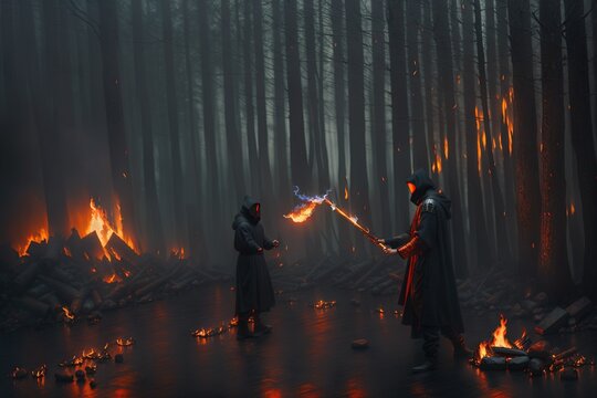 two people standing in front of a fire, a detailed matte painting, conceptual art, lightsaber duel

